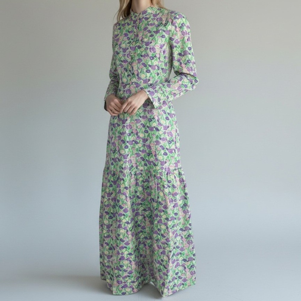 Hyacinth House Floral Cotton Maxi Dress Tiered Long Sleeve Green XXS NWT
